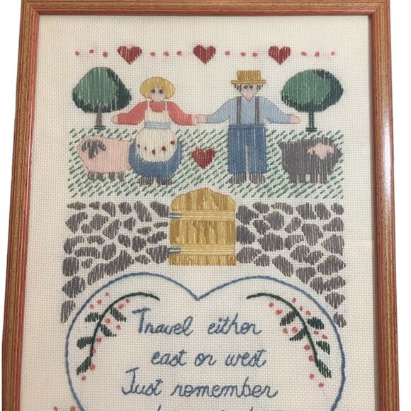 Vtg Framed Sampler Needlepoint Just Remember Home Is Best Granny Grandma Core - Picture 2 of 5